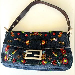 Fendi Denim Beaded Baguette Bag